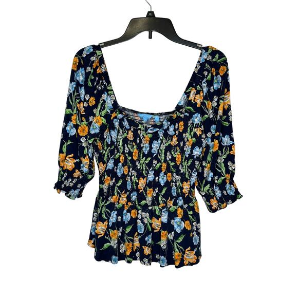 Draper James Women's Top Poplin Cropped Smocked Floral Stretch Square Neck Small - Picture 1 of 10